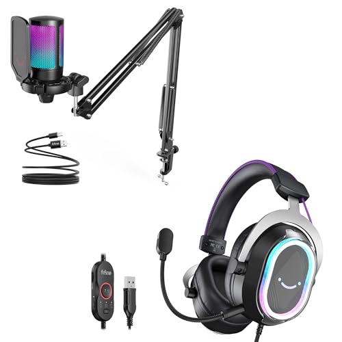 FIFINE Podcast Mic Set with RGB Gaming Headset & Boom Arm