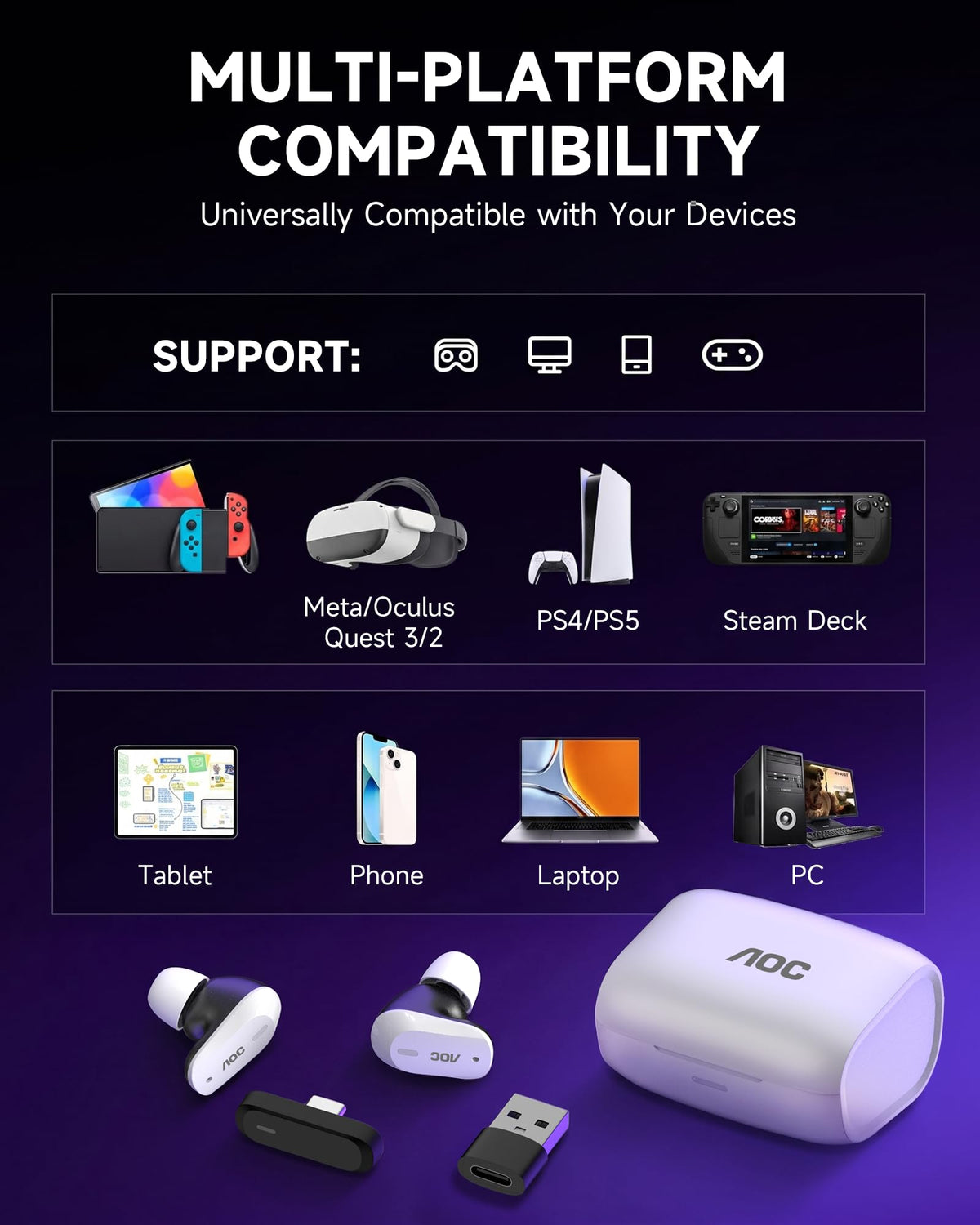 AOC ACT3512 Wireless Gaming Earbuds for PS5 & PC