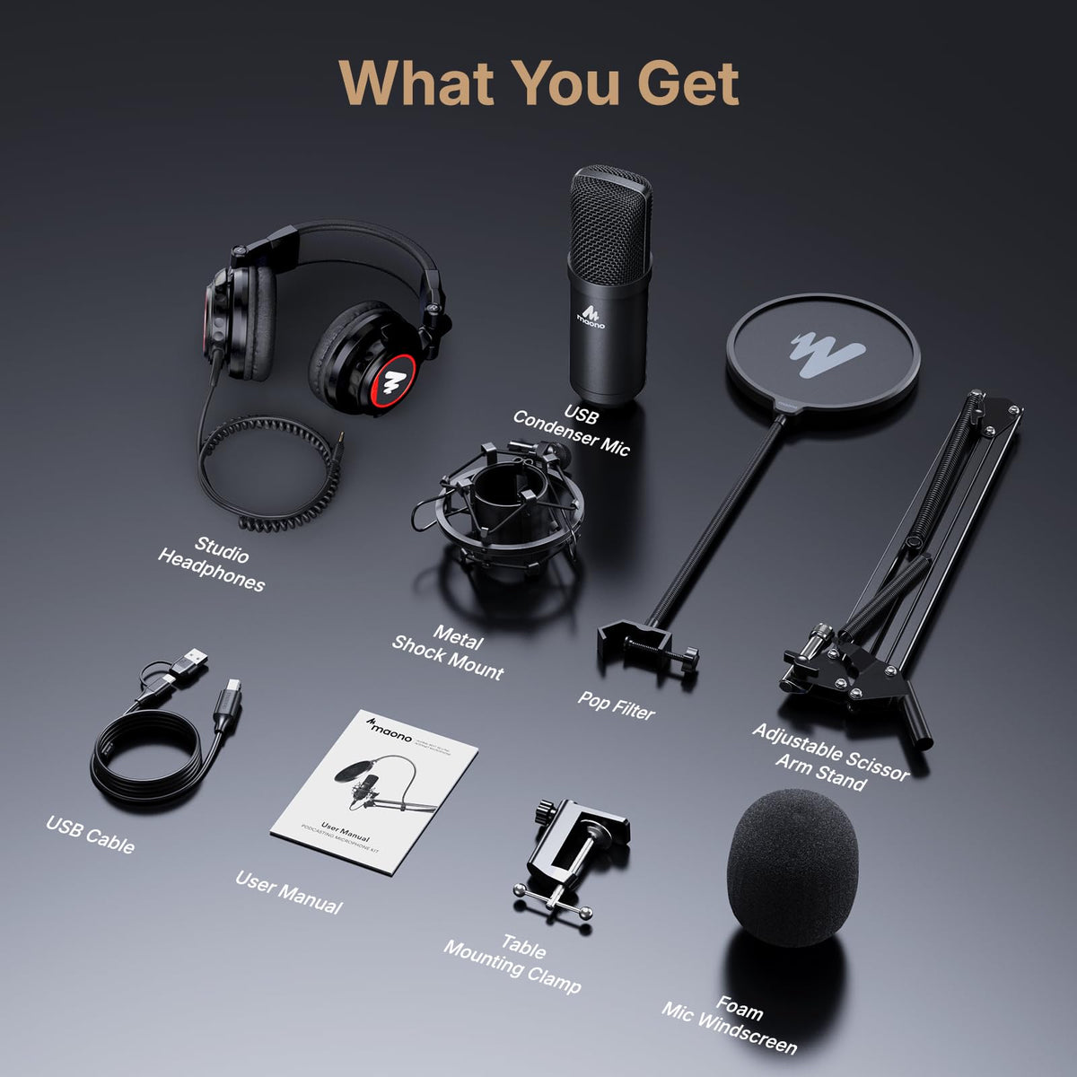 MAONO Condenser Podcast Mic & Studio Headphone Set