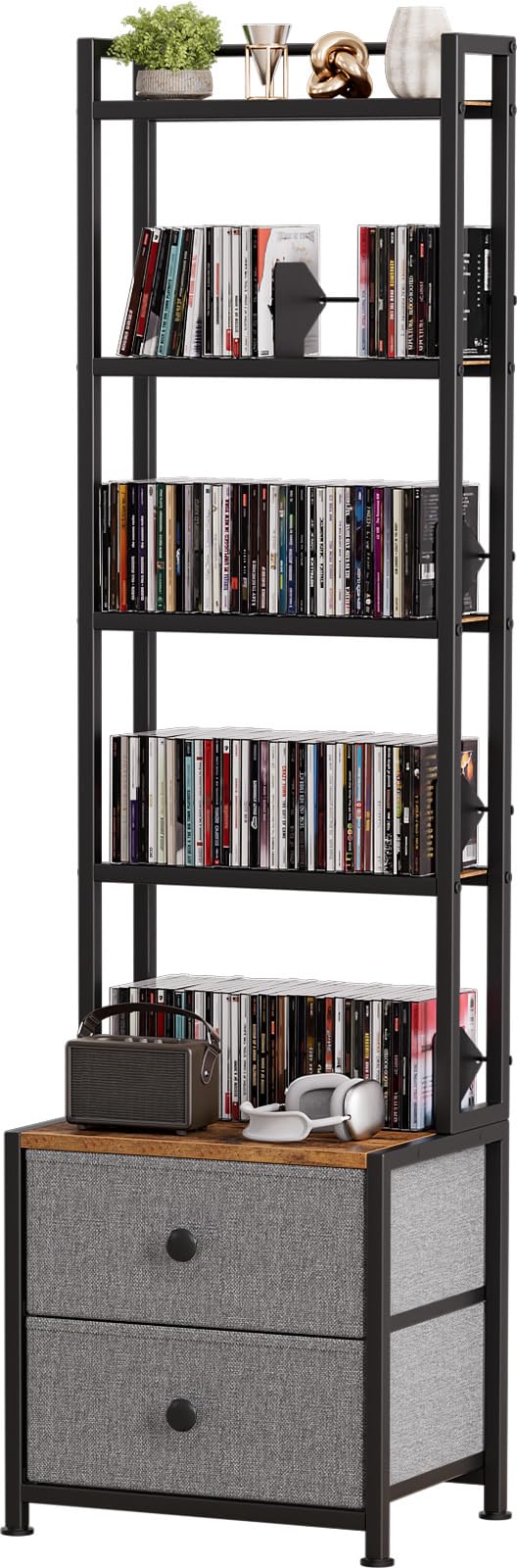 5-Tier CD/DVD Storage Rack with Drawer and Book Stoppers