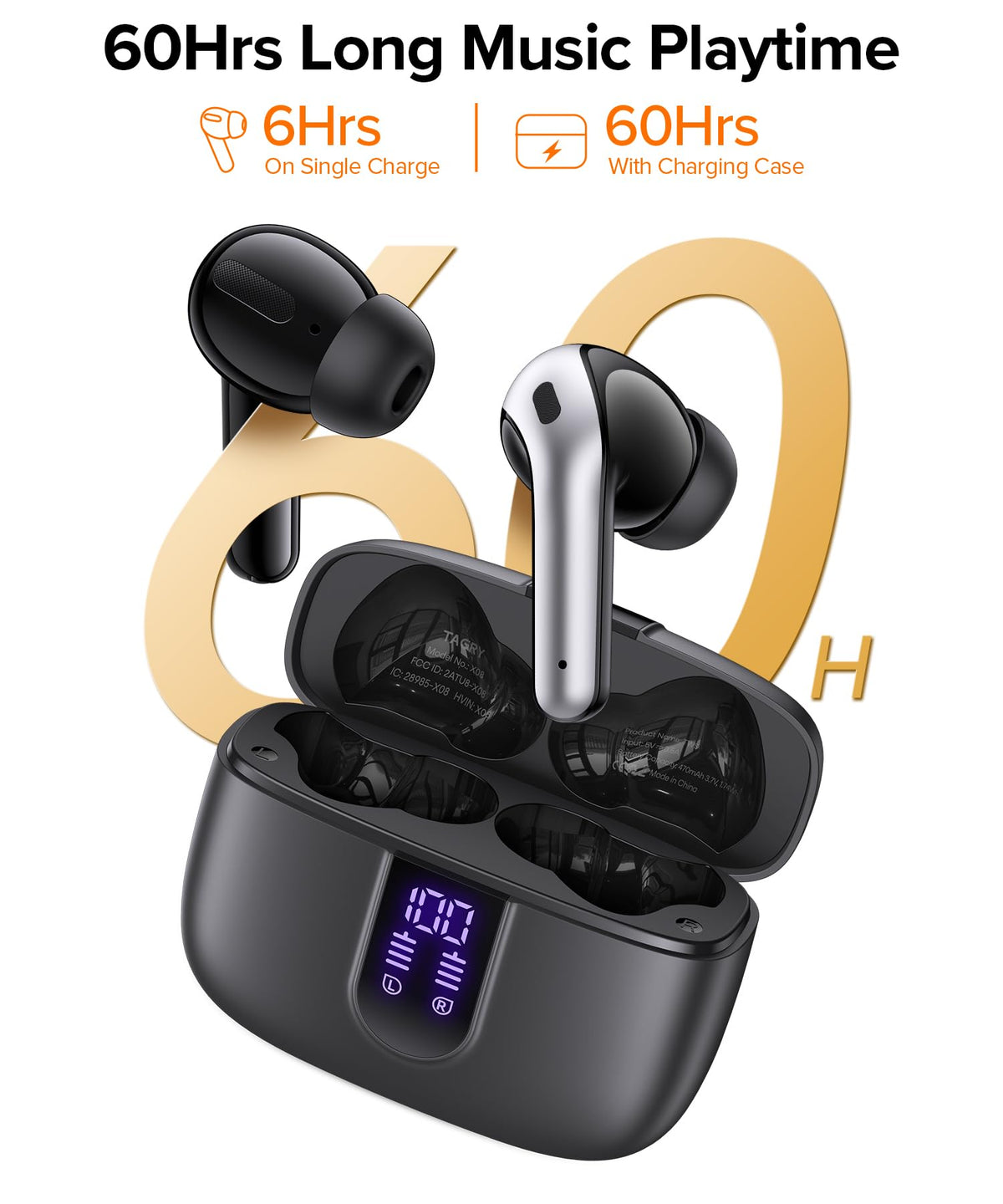 TAGRY True Wireless Earbuds with LED 60H Charging Case