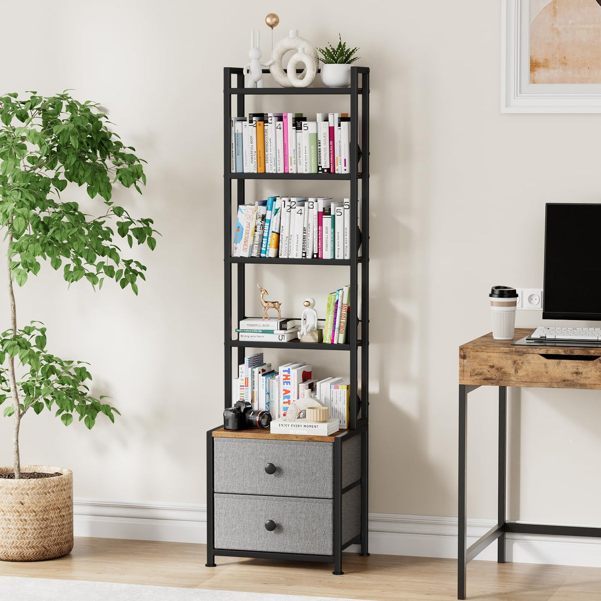 5-Tier CD/DVD Storage Rack with Drawer and Book Stoppers