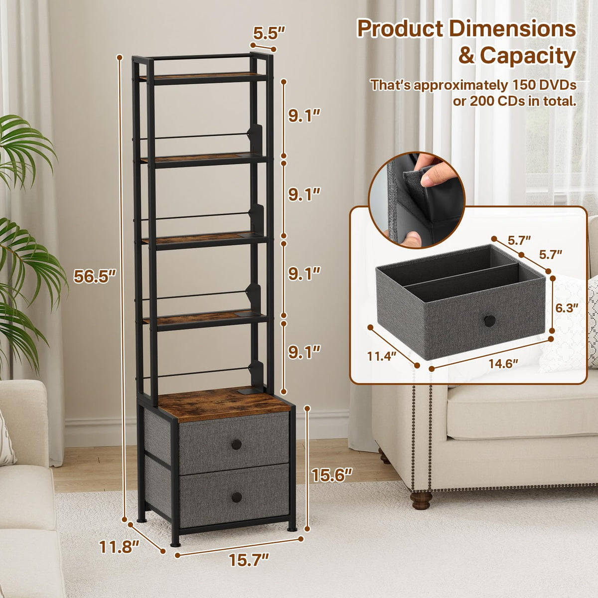 5-Tier CD/DVD Storage Rack with Drawer and Book Stoppers